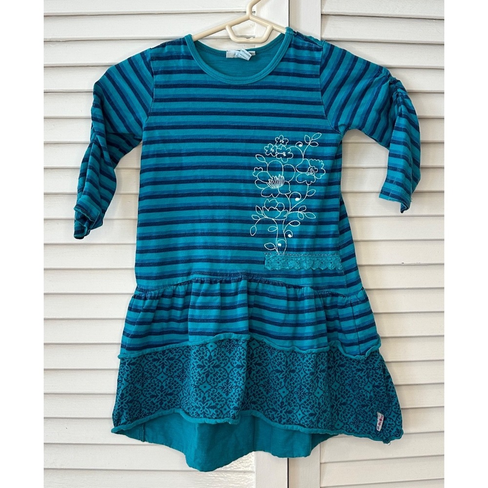 Naartjie Size M 5Y Teal Striped Long Sleeve Embroidered Dress Ruffled Tiered